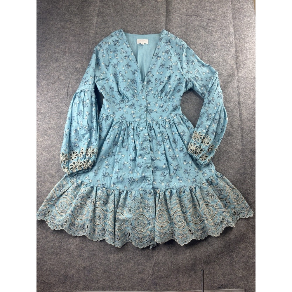 A Collective Story Women's M Blue Lace Buttoned-Down Embroidered Mini Dress Boho